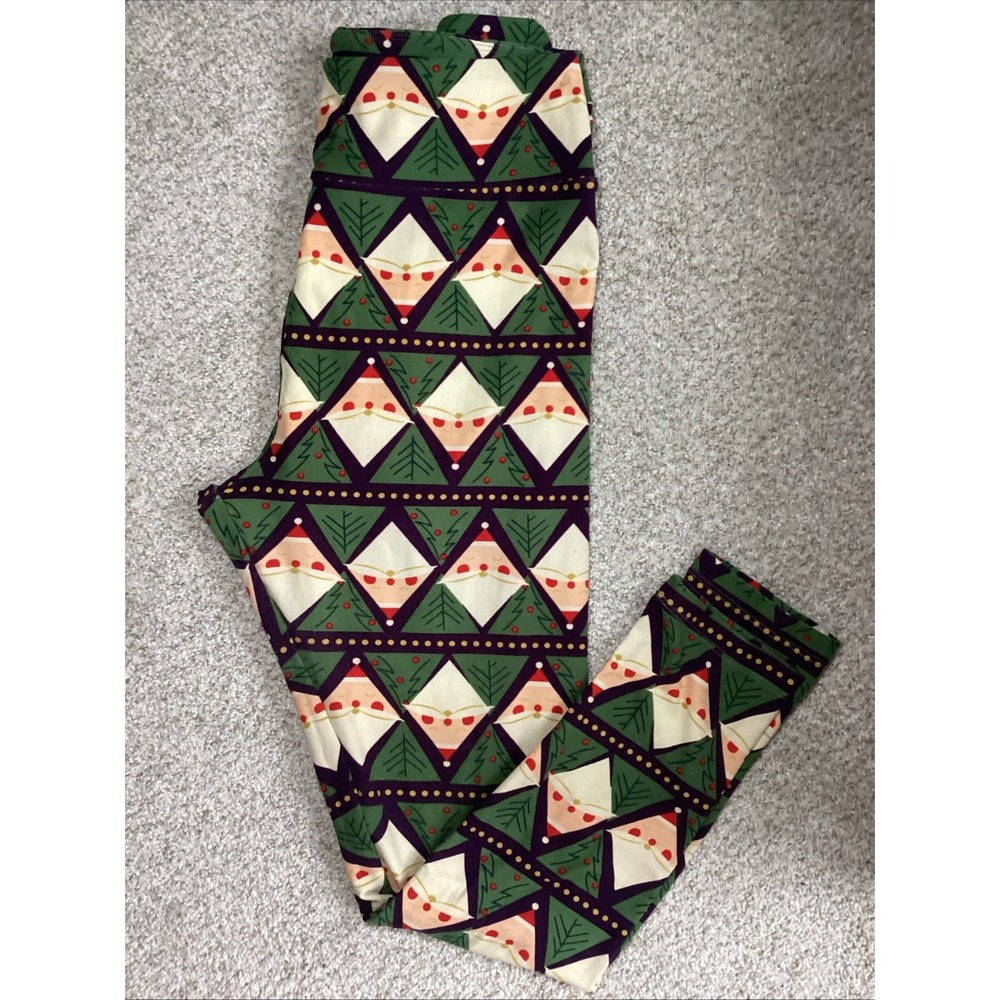 LuLaRoe Holiday Leggings Tall & Curvy Santa Claus Green Geometric TC Pre-owned